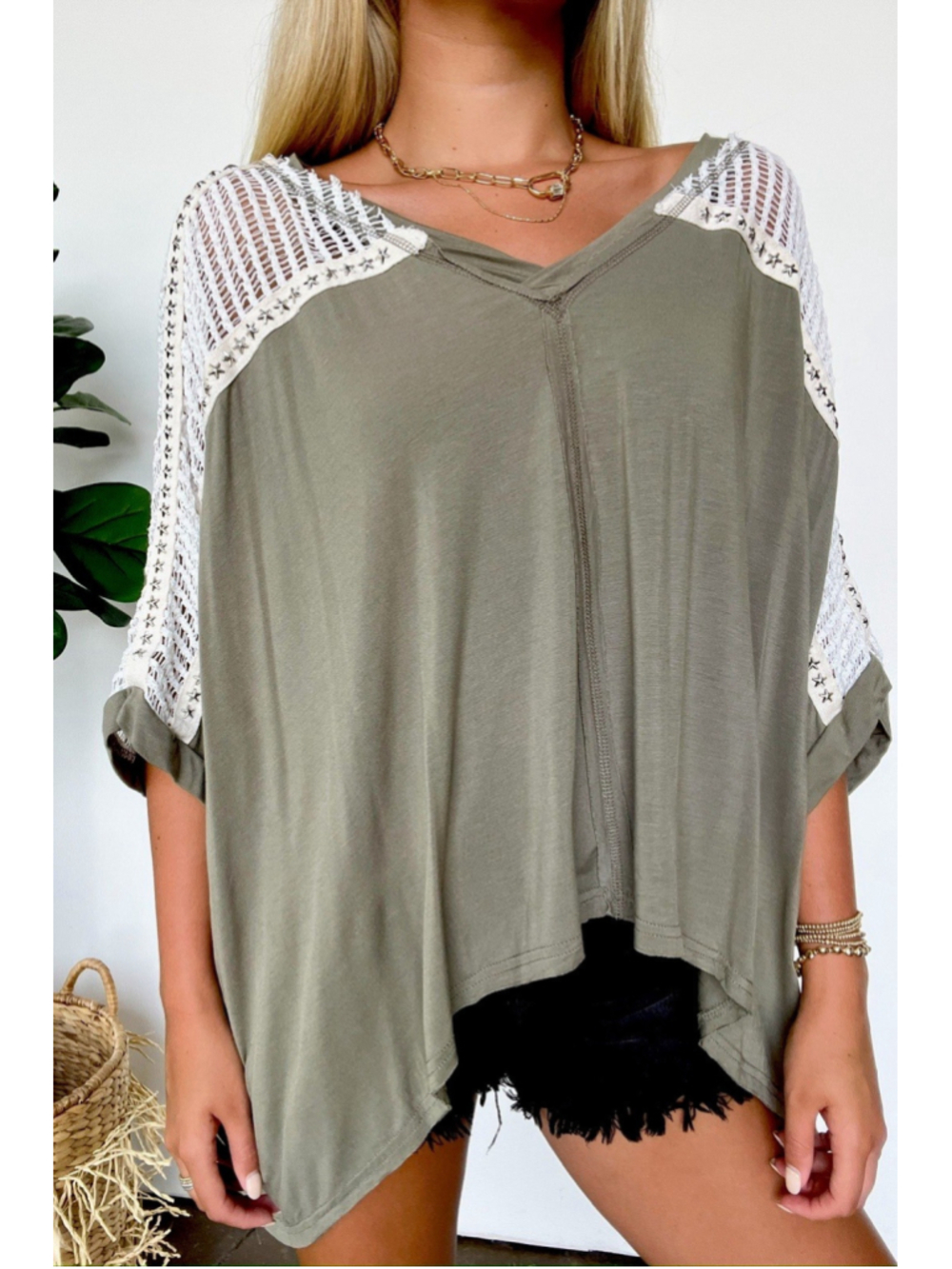 POL Boho Oversized Tunic Top Large Olive Green Crochet Lace Dolman Sleeve